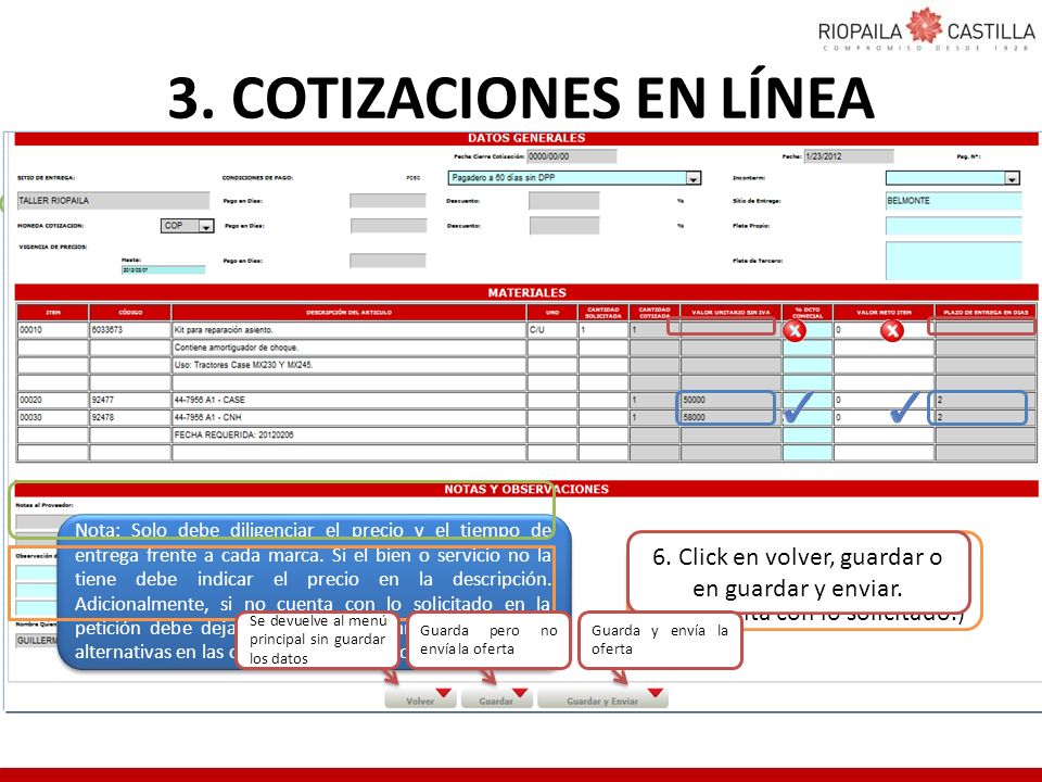 3. COTIZACIONES EN LÍNEA Fecha límite para participar en esta oferta (Ver urna virtual). 1. Click en Diligenciar.