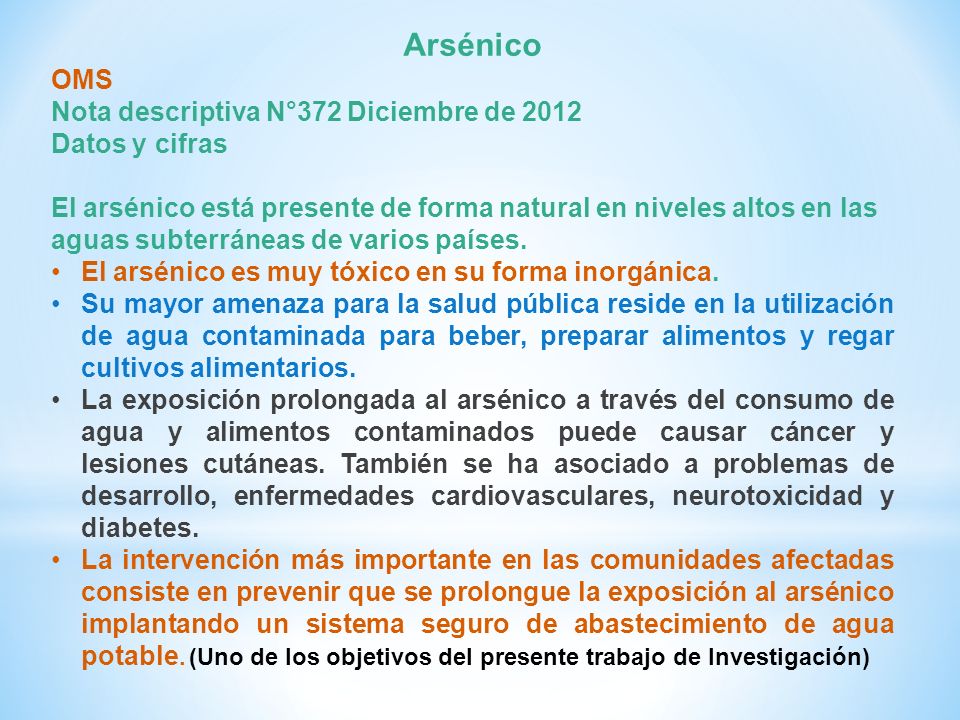 Arsénico OMS Nota descriptiva N°372 Diciembre de 2012 Datos y cifras