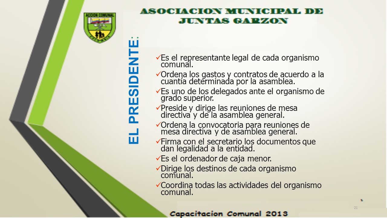 EL PRESIDENTE: Es el representante legal de cada organismo comunal.