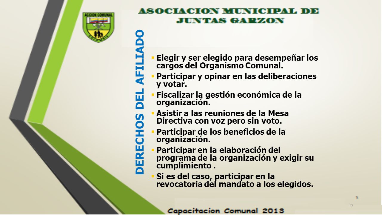 Elegir y ser elegido para desempeñar los cargos del Organismo Comunal.