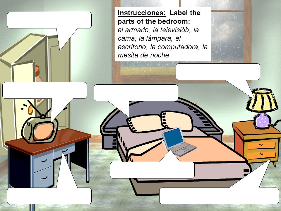 Instrucciones: Label the parts of the bedroom: el armario, la televisiób, la cama, la lámpara, el escritorio, la computadora, la mesita de noche