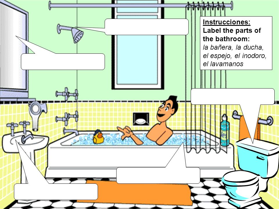 Instrucciones: Label the parts of the bathroom: la bañera, la ducha, el espejo, el inodoro, el lavamanos