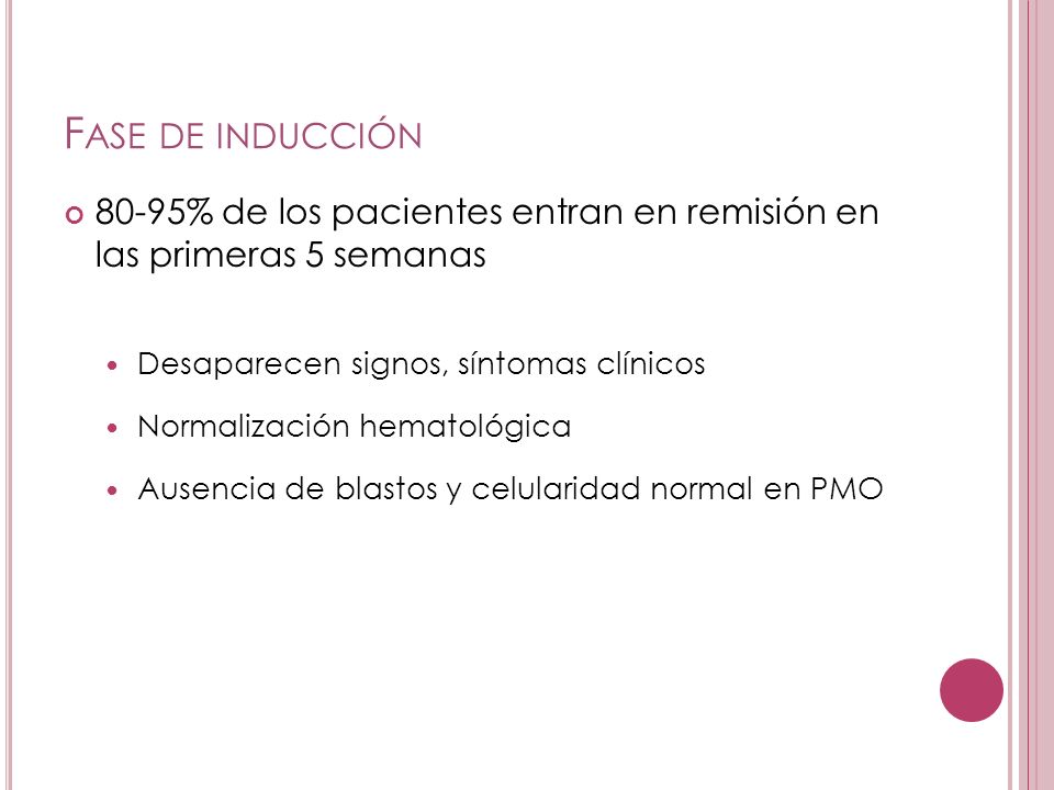 Fase de inducción 80-95% de los pacientes entran en remisión en las primeras 5 semanas. Desaparecen signos, síntomas clínicos.