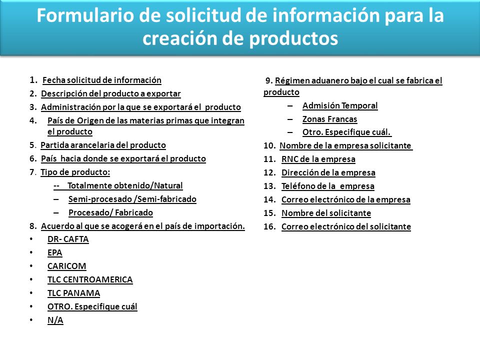 Formulario de solicitud de información para la creación de productos.
