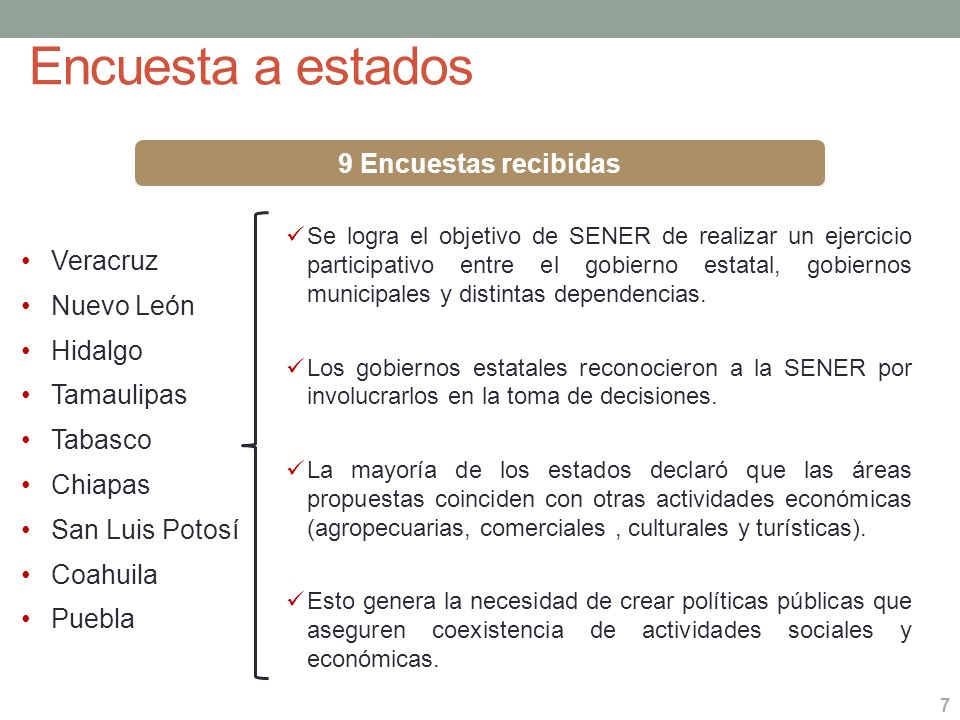 Encuesta a estados 9 Encuestas recibidas Veracruz Nuevo León Hidalgo