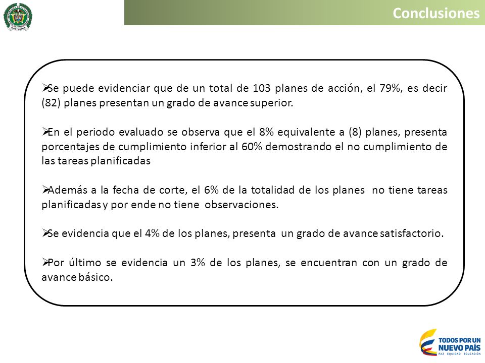 Conclusiones Se puede evidenciar que de un total de 103 planes de acción, el 79%, es decir (82) planes presentan un grado de avance superior.