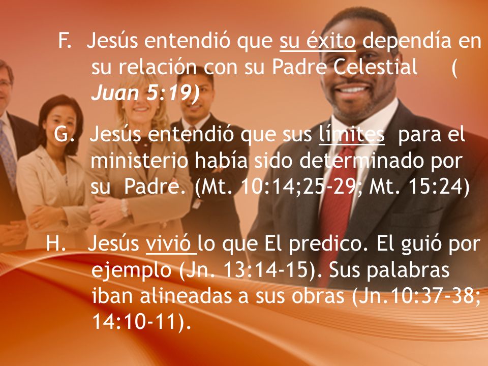 F. Jesús entendió que su éxito dependía en su relación con su Padre Celestial ( Juan 5:19)