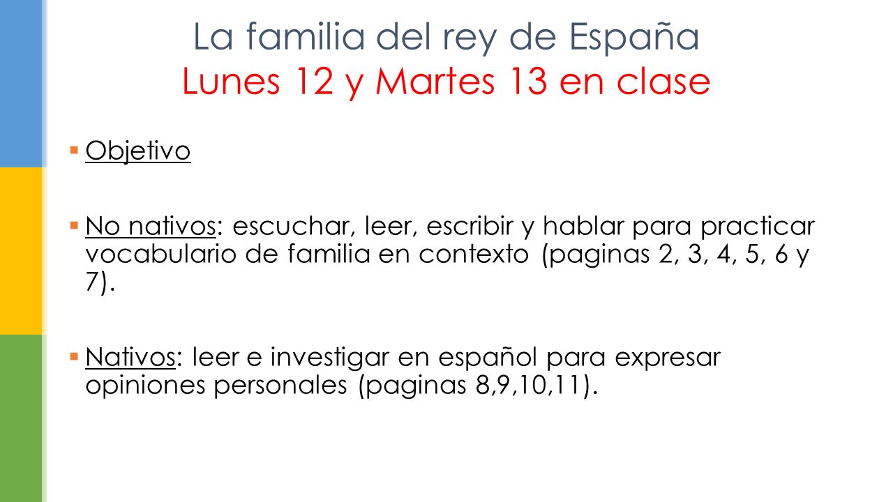 La familia del rey de España Lunes 12 y Martes 13 en clase