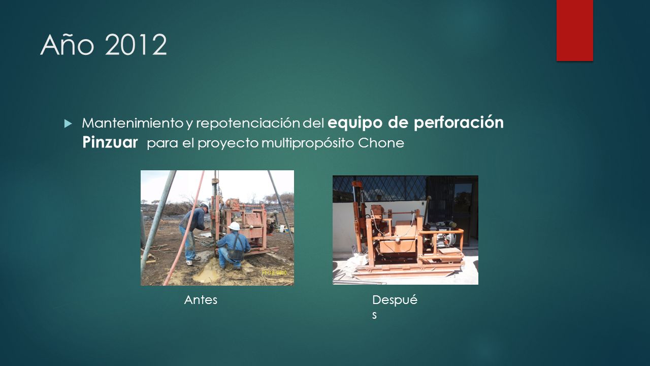 Año 2012 Mantenimiento y repotenciación del equipo de perforación Pinzuar para el proyecto multipropósito Chone.