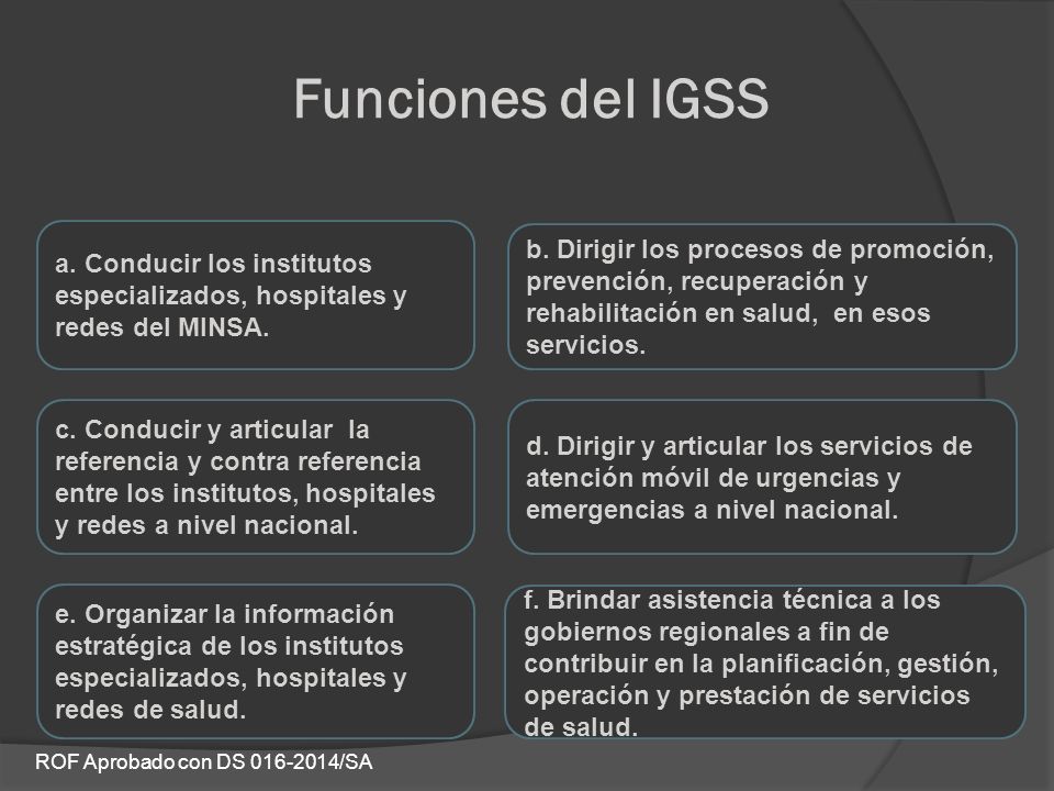 Funciones del IGSS a. Conducir los institutos especializados, hospitales y redes del MINSA.