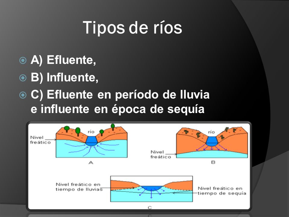 Tipos de ríos A) Efluente, B) Influente,