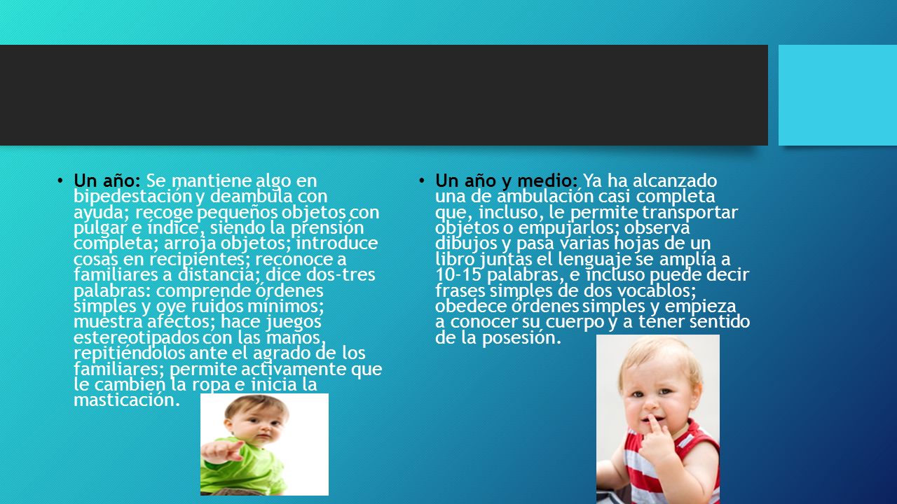 Un año: Se mantiene algo en bipedestación y deambula con ayuda; recoge pequeños objetos con pulgar e índice, siendo la prensión completa; arroja objetos; introduce cosas en recipientes; reconoce a familiares a distancia; dice dos-tres palabras: comprende órdenes simples y oye ruidos mínimos; muestra afectos; hace juegos estereotipados con las manos, repitiéndolos ante el agrado de los familiares; permite activamente que le cambien la ropa e inicia la masticación.