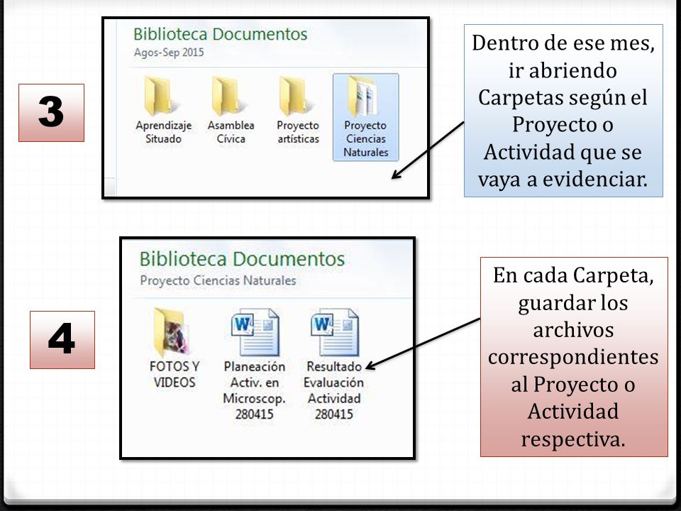 Dentro de ese mes, ir abriendo Carpetas según el Proyecto o Actividad que se vaya a evidenciar.