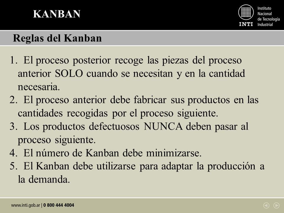 KANBAN Reglas del Kanban. El proceso posterior recoge las piezas del proceso anterior SOLO cuando se necesitan y en la cantidad necesaria.