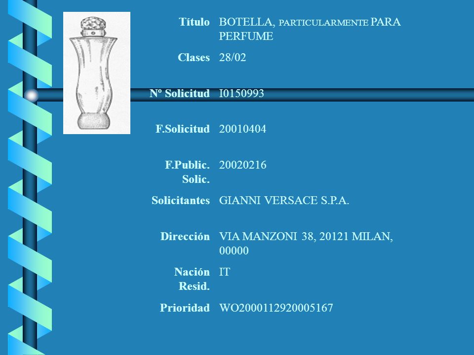 Título BOTELLA, PARTICULARMENTE PARA PERFUME. Clases. 28/02. Nº Solicitud. I F.Solicitud.