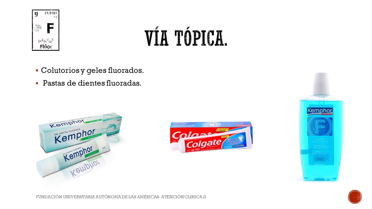 Vía Tópica. Colutorios y geles fluorados. Pastas de dientes fluoradas.