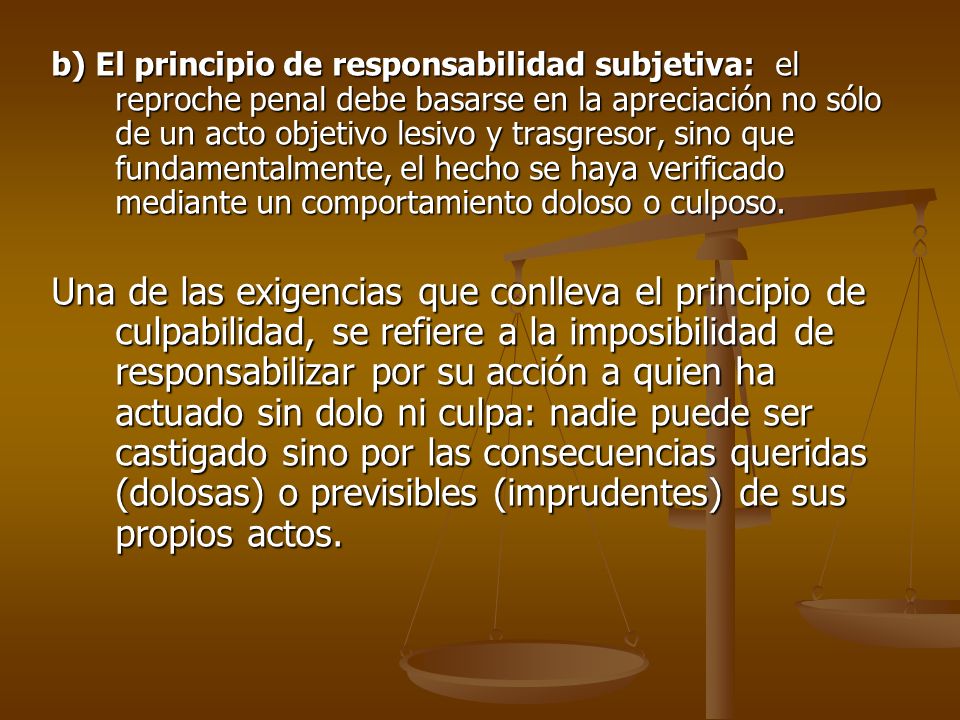 b) El principio de responsabilidad subjetiva: el reproche penal debe basarse en la apreciación no sólo de un acto objetivo lesivo y trasgresor, sino que fundamentalmente, el hecho se haya verificado mediante un comportamiento doloso o culposo.