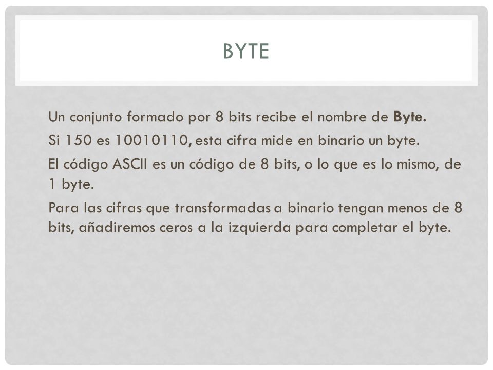 BYTE Un conjunto formado por 8 bits recibe el nombre de Byte.