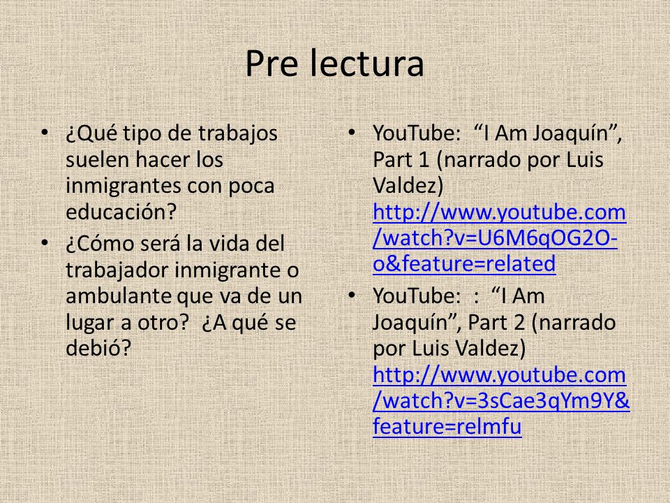 Pre lectura ¿Qué tipo de trabajos suelen hacer los inmigrantes con poca educación
