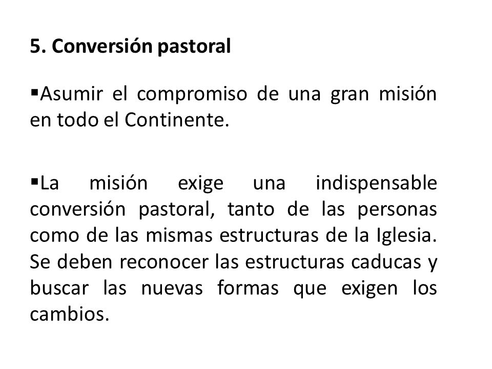5. Conversión pastoral Asumir el compromiso de una gran misión en todo el Continente.