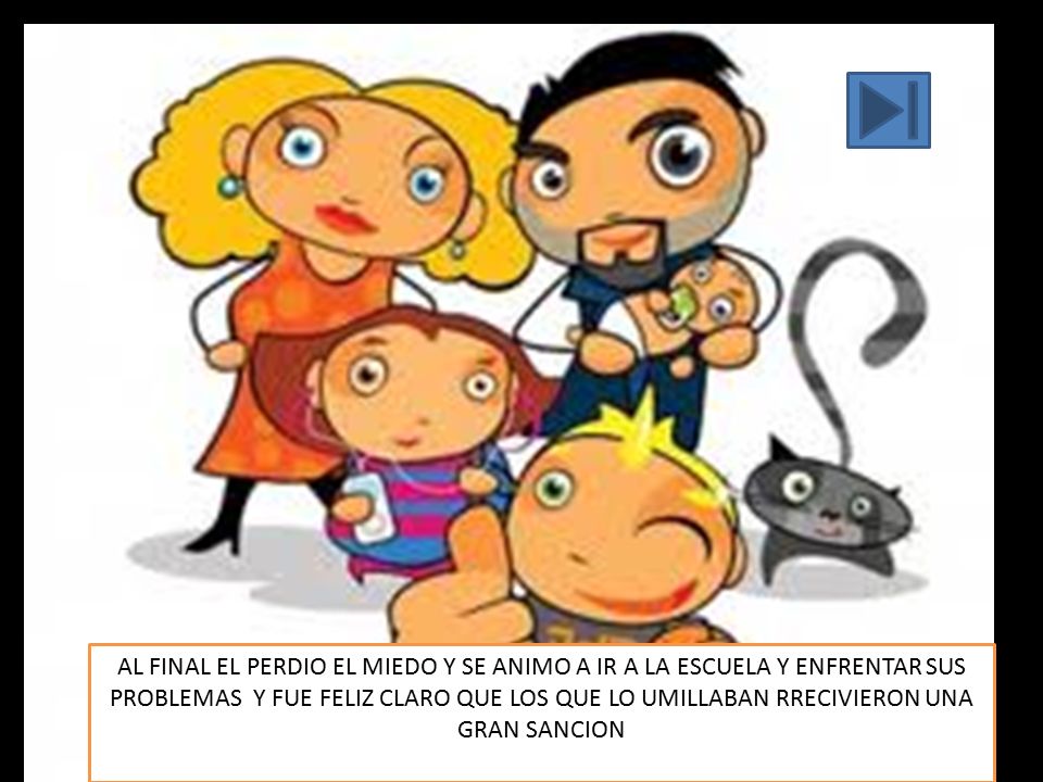 AL FINAL EL PERDIO EL MIEDO Y SE ANIMO A IR A LA ESCUELA Y ENFRENTAR SUS PROBLEMAS Y FUE FELIZ CLARO QUE LOS QUE LO UMILLABAN RRECIVIERON UNA GRAN SANCION