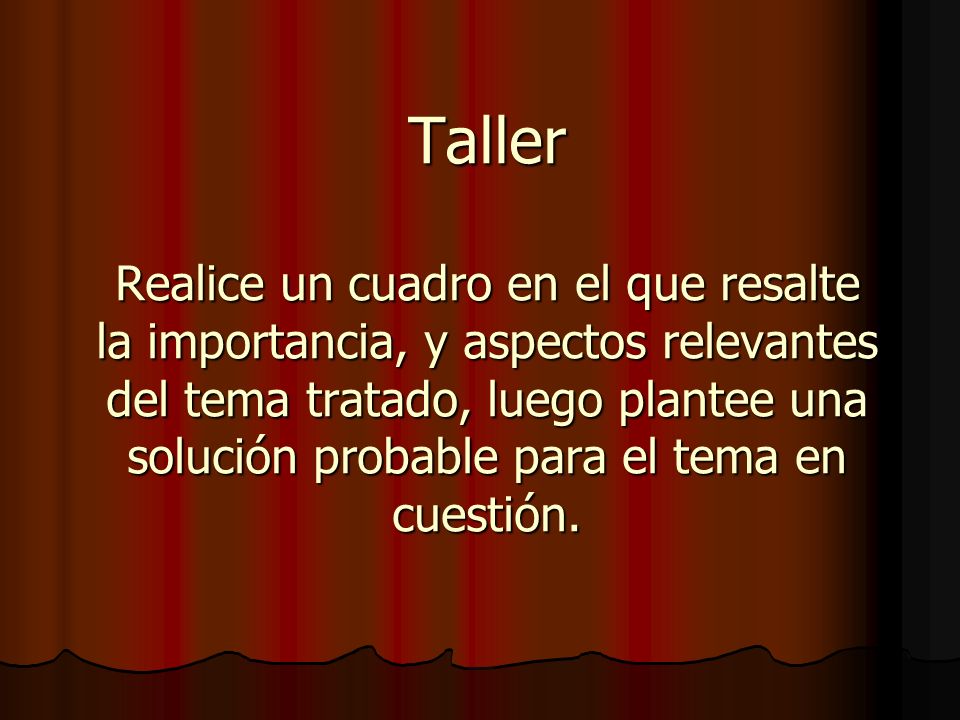 Taller Realice un cuadro en el que resalte la importancia, y aspectos relevantes del tema tratado, luego plantee una solución probable para el tema en cuestión.