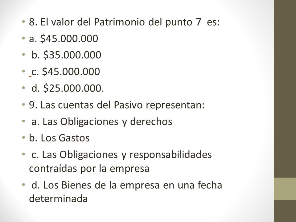 8. El valor del Patrimonio del punto 7 es: