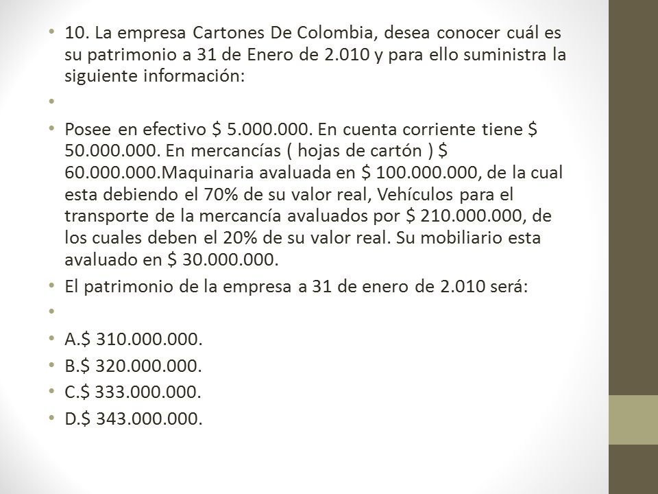 10. La empresa Cartones De Colombia, desea conocer cuál es su patrimonio a 31 de Enero de y para ello suministra la siguiente información: