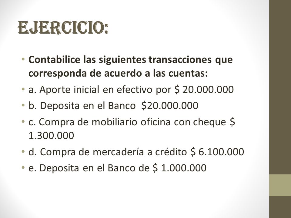 Ejercicio: Contabilice las siguientes transacciones que corresponda de acuerdo a las cuentas: a. Aporte inicial en efectivo por $