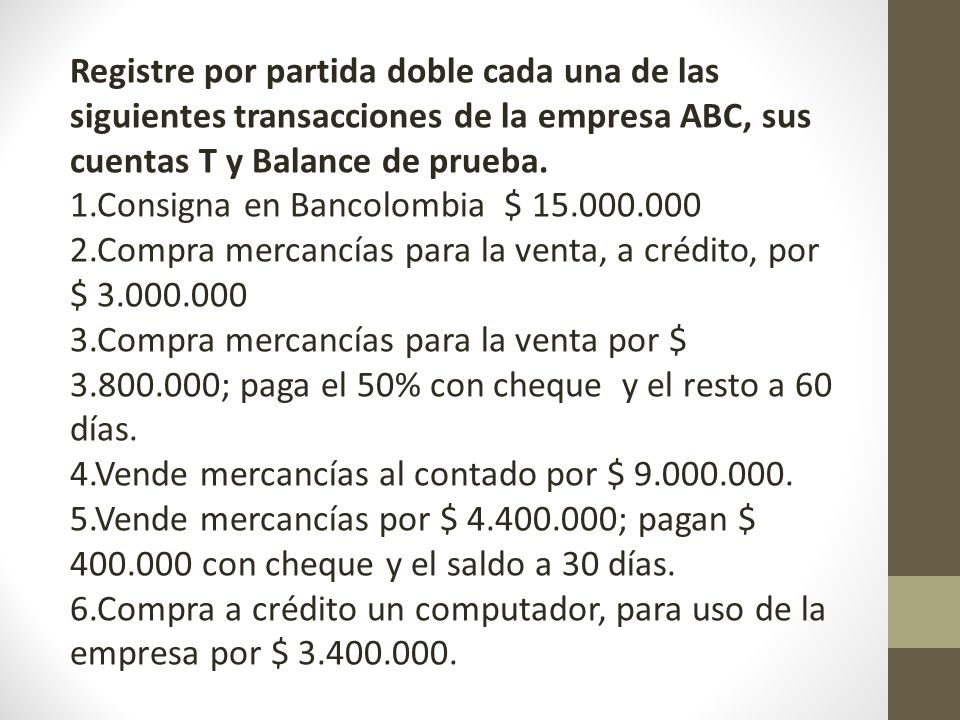 Registre por partida doble cada una de las siguientes transacciones de la empresa ABC, sus cuentas T y Balance de prueba.