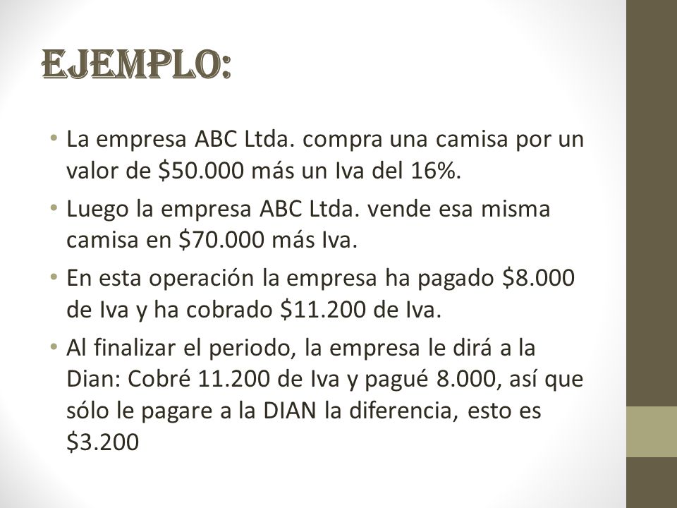 Ejemplo: La empresa ABC Ltda. compra una camisa por un valor de $ más un Iva del 16%.