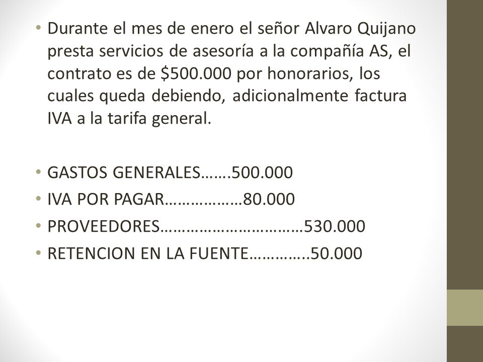 Durante el mes de enero el señor Alvaro Quijano presta servicios de asesoría a la compañía AS, el contrato es de $ por honorarios, los cuales queda debiendo, adicionalmente factura IVA a la tarifa general.