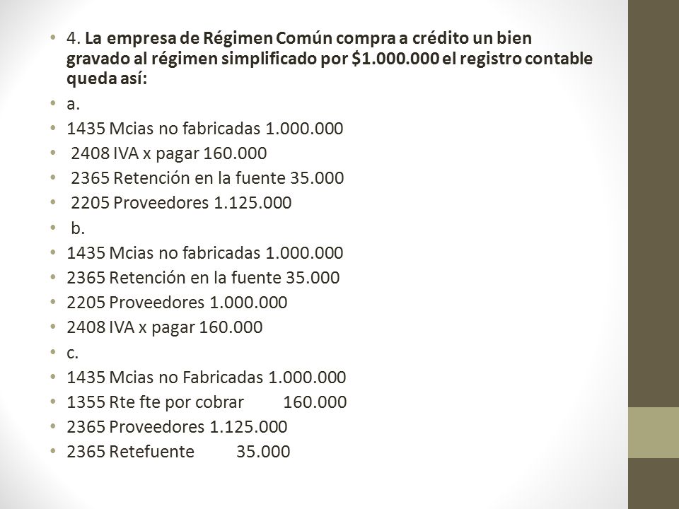 4. La empresa de Régimen Común compra a crédito un bien gravado al régimen simplificado por $ el registro contable queda así: