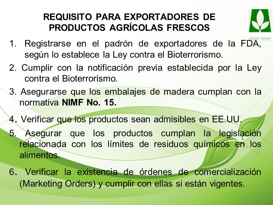 REQUISITO PARA EXPORTADORES DE PRODUCTOS AGRÍCOLAS FRESCOS