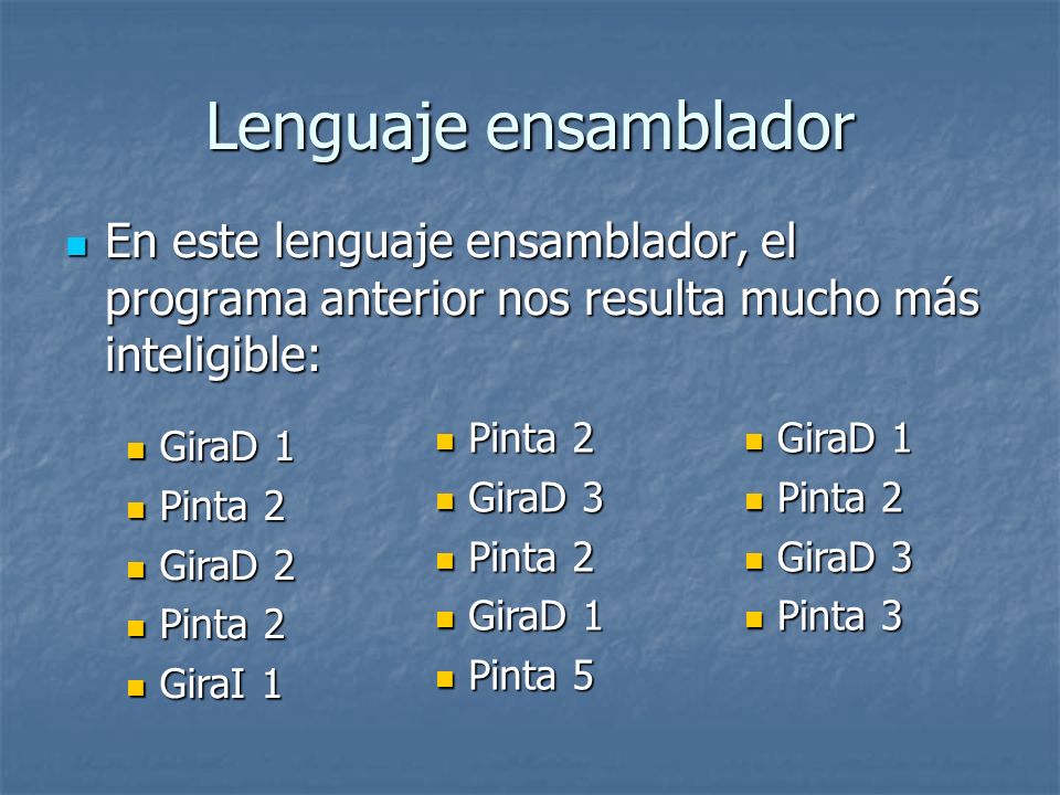 Lenguaje ensamblador En este lenguaje ensamblador, el programa anterior nos resulta mucho más inteligible: