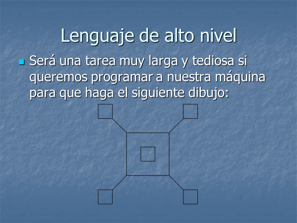 Lenguaje de alto nivel Será una tarea muy larga y tediosa si queremos programar a nuestra máquina para que haga el siguiente dibujo: