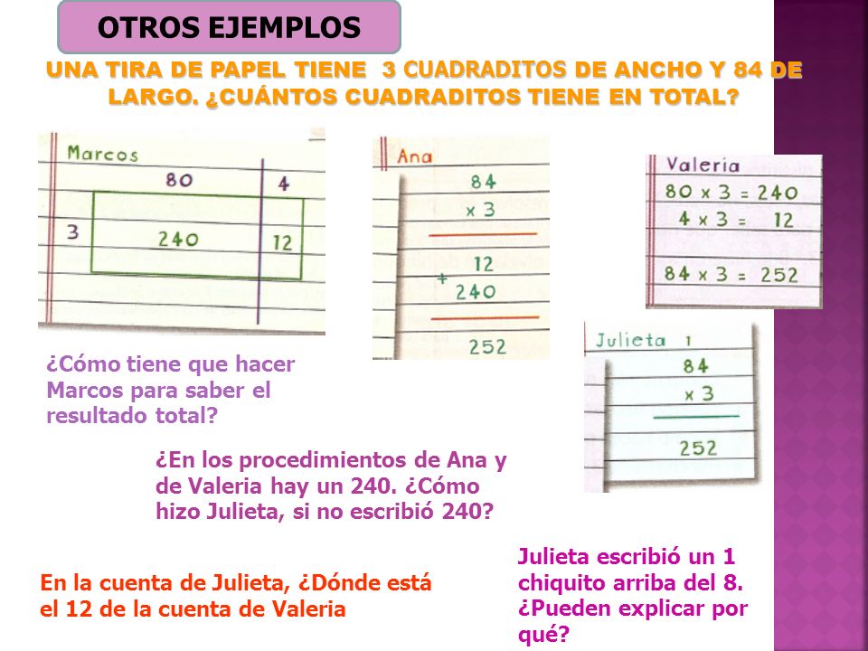OTROS EJEMPLOS UNA TIRA DE PAPEL TIENE 3 CUADRADITOS DE ANCHO Y 84 DE LARGO. ¿CUÁNTOS CUADRADITOS TIENE EN TOTAL