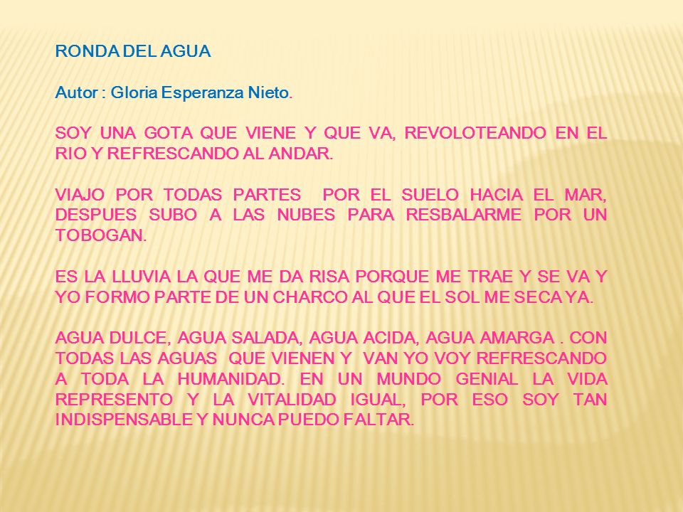 RONDA DEL AGUA Autor : Gloria Esperanza Nieto. SOY UNA GOTA QUE VIENE Y QUE VA, REVOLOTEANDO EN EL RIO Y REFRESCANDO AL ANDAR.