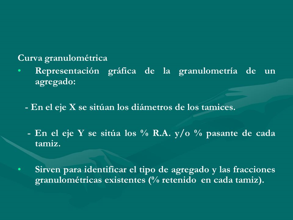 Curva granulométrica Representación gráfica de la granulometría de un agregado: - En el eje X se sitúan los diámetros de los tamices.
