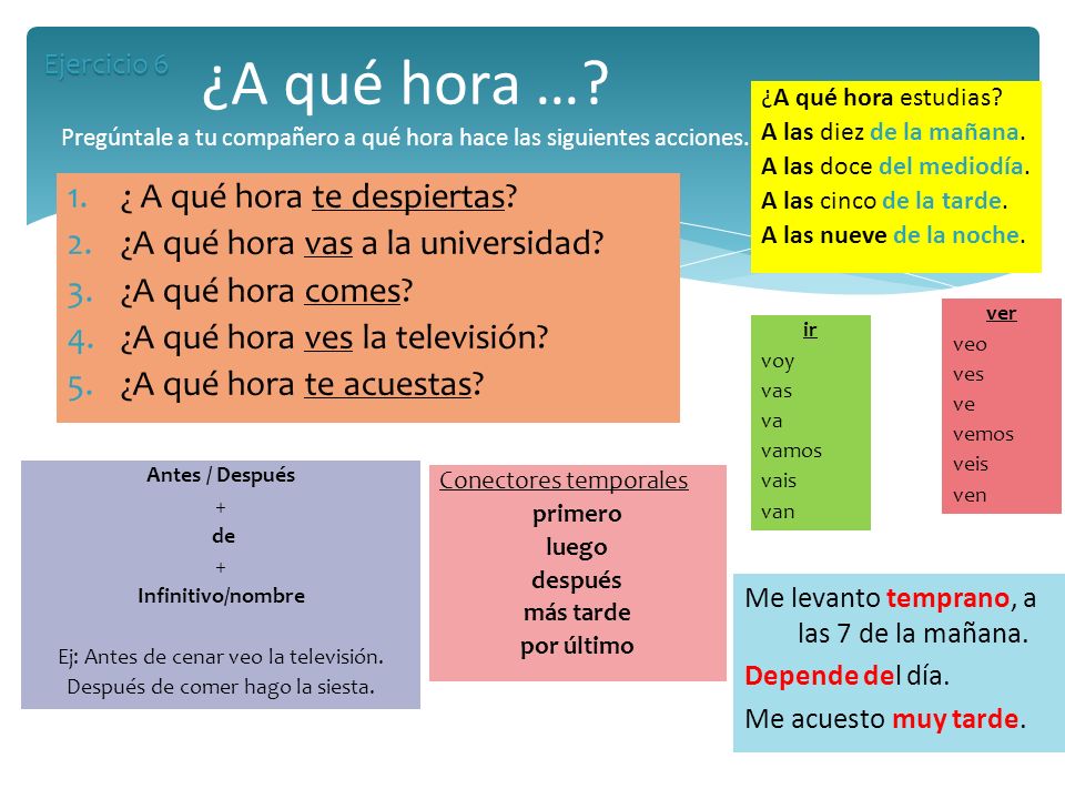 ¿A qué hora … Pregúntale a tu compañero a qué hora hace las siguientes acciones.