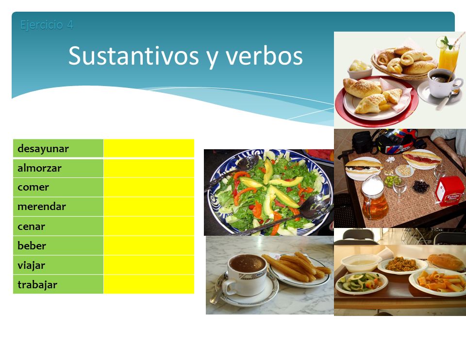 Sustantivos y verbos Ejercicio 4 desayunar almorzar comer merendar