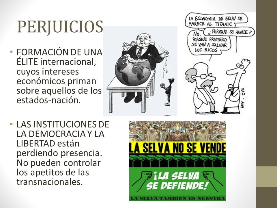 PERJUICIOS FORMACIÓN DE UNA ÉLITE internacional, cuyos intereses económicos priman sobre aquellos de los estados-nación.