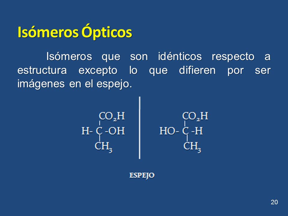 Isómeros Ópticos Isómeros que son idénticos respecto a estructura excepto lo que difieren por ser imágenes en el espejo.