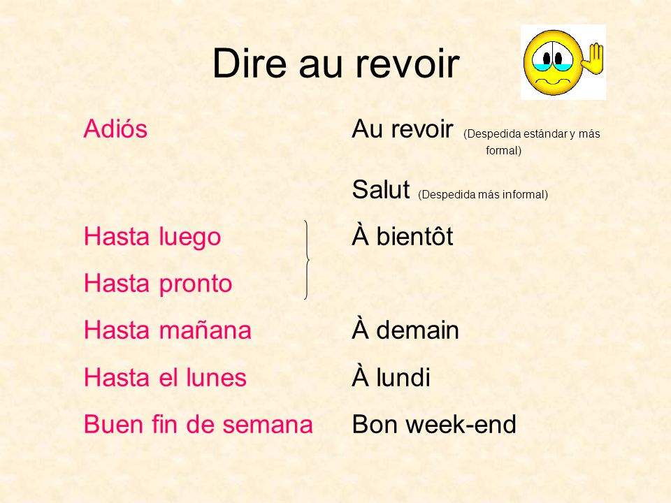 Dire au revoir Adiós Au revoir (Despedida estándar y más formal)