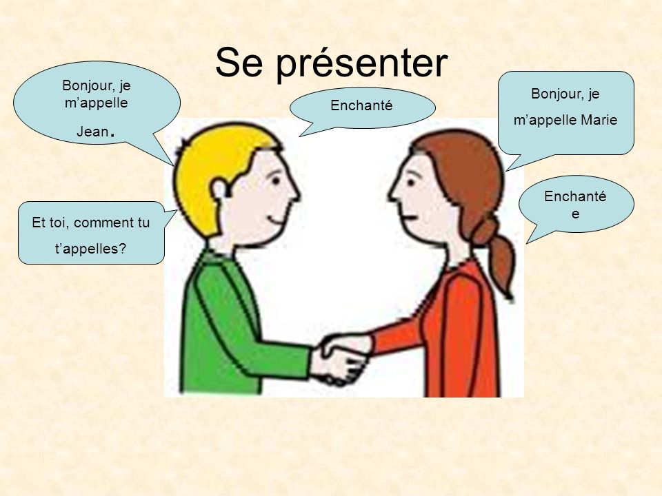 Se présenter Bonjour, je m’appelle Jean. Bonjour, je m’appelle Marie
