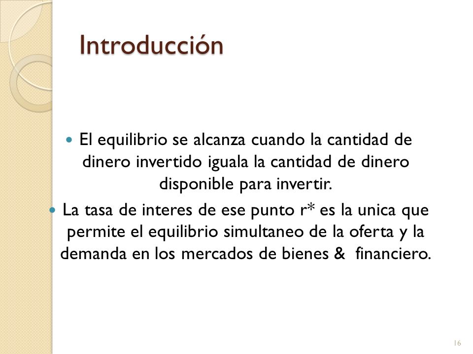 Introducción El equilibrio se alcanza cuando la cantidad de dinero invertido iguala la cantidad de dinero disponible para invertir.