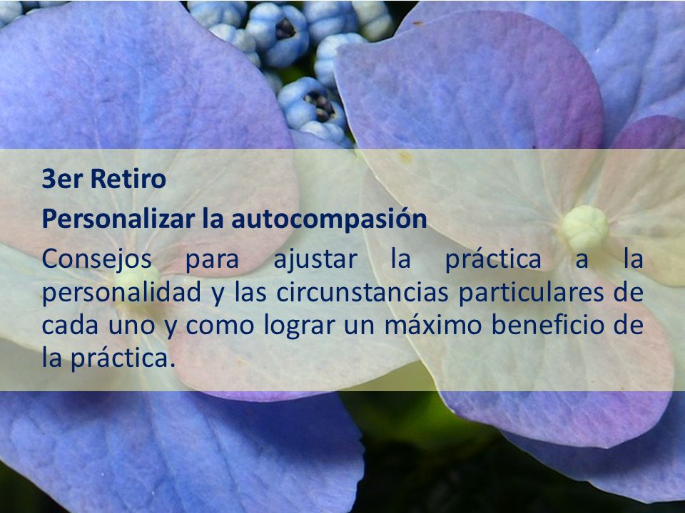 3er Retiro Personalizar la autocompasión Consejos para ajustar la práctica a la personalidad y las circunstancias particulares de cada uno y como lograr un máximo beneficio de la práctica.