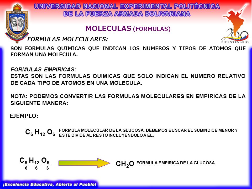 MOLECULAS (FORMULAS) C6 H12 O6 C6 H12 O6 CH2O FORMULAS MOLECULARES: