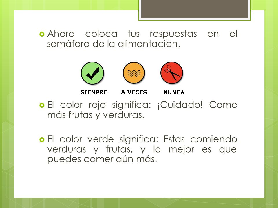 Ahora coloca tus respuestas en el semáforo de la alimentación.