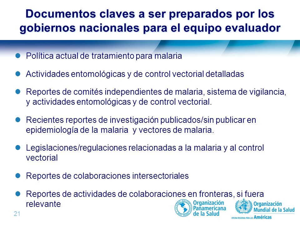 Documentos claves a ser preparados por los gobiernos nacionales para el equipo evaluador